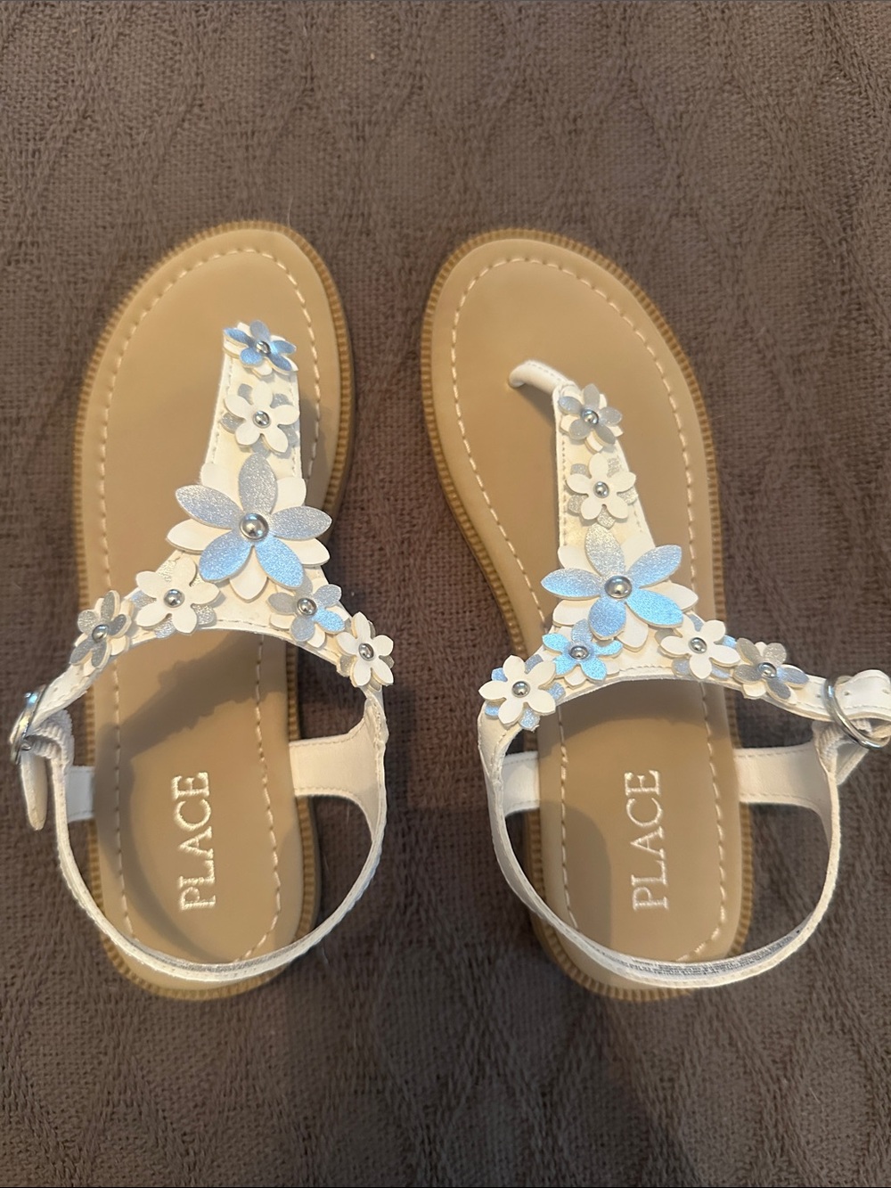 Children’s place White Sandals with Metallic Blue Flower Accents